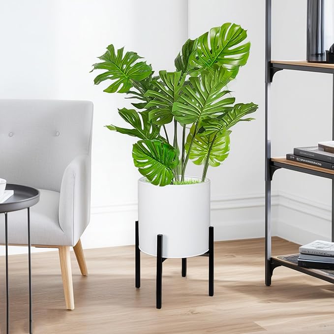 ARNIS Modern Plant Pots, Set of 2 Large Planters with Stand, Decorative Planters, Metal Pots with Drainage Holes for Living Room, Office, Garden or Balcony, 8.25 &10.5 Inch, White