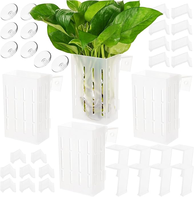 Upgraded Large Aquarium Plant Holder with Hooks and Suction Cups for Fish Tank Aquaponic Plant Cultivation and Aquascape Decorations (Semitransparent)