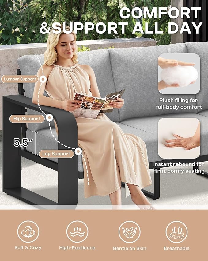 Aluminum Outdoor Patio Furniture Set 4 Piece, Oversized Patio Conversation Sets Widened Armrest & Ultra-Thick Cushions, Deep Seating Modern Sectional Furniture for Backyard, Deck, Gray