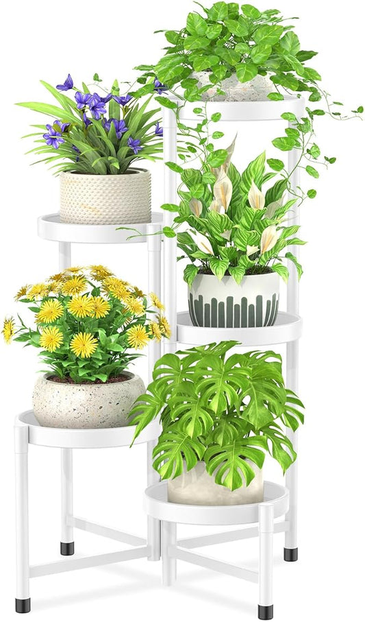 iDavosic.ly Plant Stand Indoor Outdoor, 5 Tier Corner Metal Flower Display Holder Shelf, Folding Tall Orchid Rack for Patio Balcony Porch Garden Living Room House, White