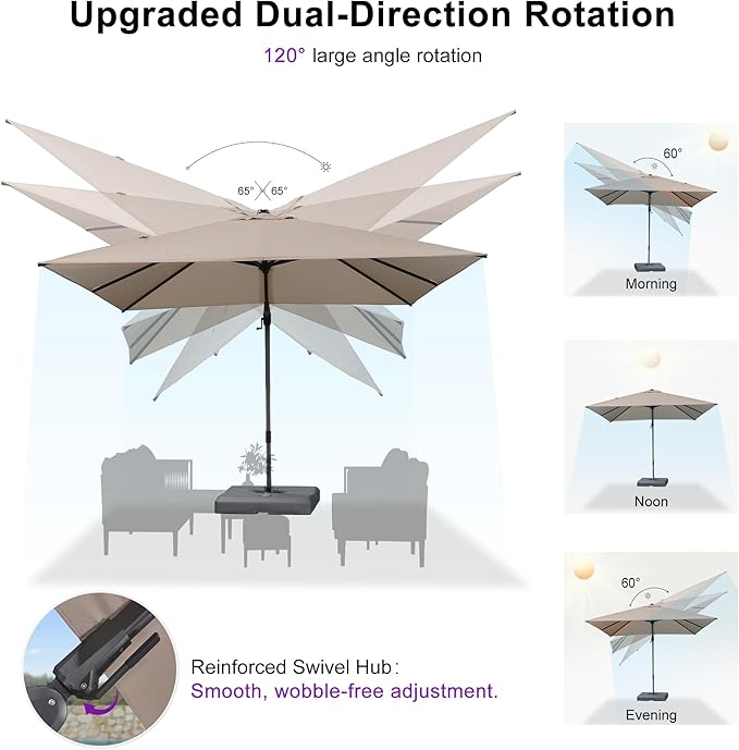 PURPLE LEAF 8' X 10' Swivel Outdoor Patio Aluminum Umbrella with Base Left-right Tilting Cantilever Offset Umbrella with UV Resistant Heavy Duty Fabric for Deck Pool Patio Backyard, Sand Dune