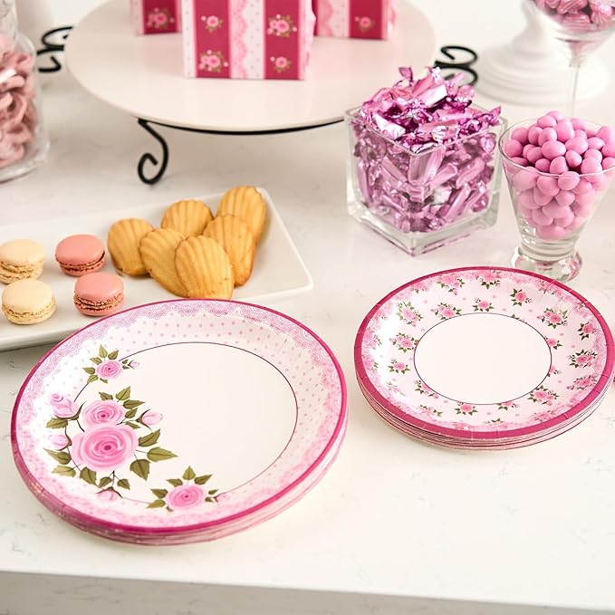 Royal Bluebonnet Rose Paper Plates and Napkins for Birthday Decorations - Set of 24 Sturdy 400 GSM Weighted Spring Paper Plates for Mothers Day, Disposable Floral Party Supplies for Easter Brunch