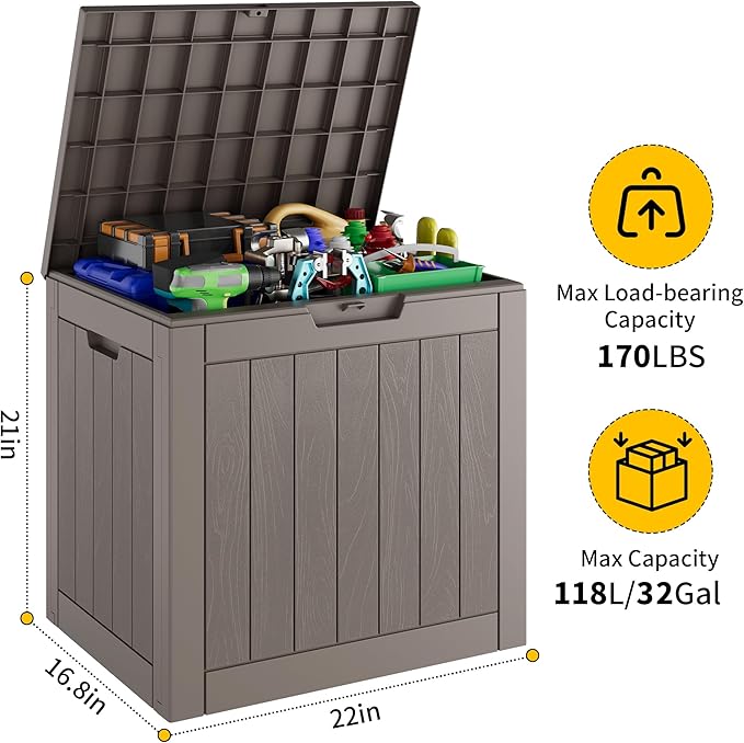 NUNU LAB 32 Gallon Resin Outdoor Storage Box 2 Pack Waterproof Deck Box for Patio Cushions, Garden Tools, Pool Accessories,Backyard Storage Bin,Grey