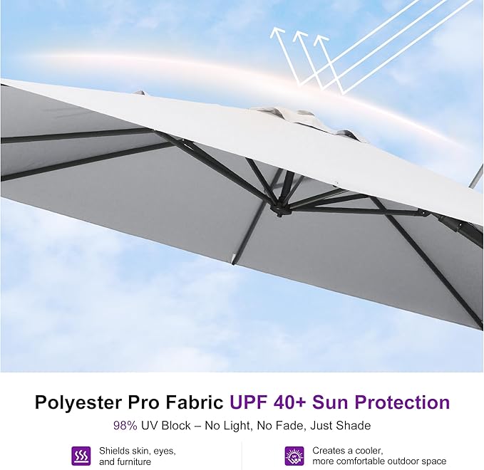 PURPLE LEAF 10' X 10' Swivel Outdoor Patio Aluminum Umbrella with Base Left-right Tilting Cantilever Offset Umbrella with UV Resistant Heavy Duty Fabric for Deck Pool Patio Backyard, Pebble Grey