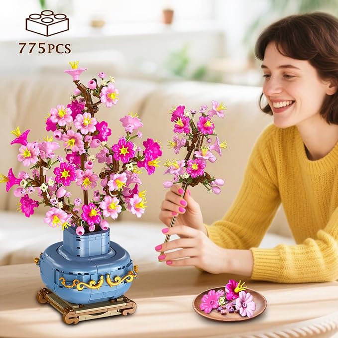 HOGOKIDS Flowers Cherry-Blossom Bonsai Building Set - 2 in 1 Artificial Bonsai Tree Plants for Home Decor & Display Cherry Botanical Flowers Building Toy Birthday Gift for Adults Teens (775PCS)