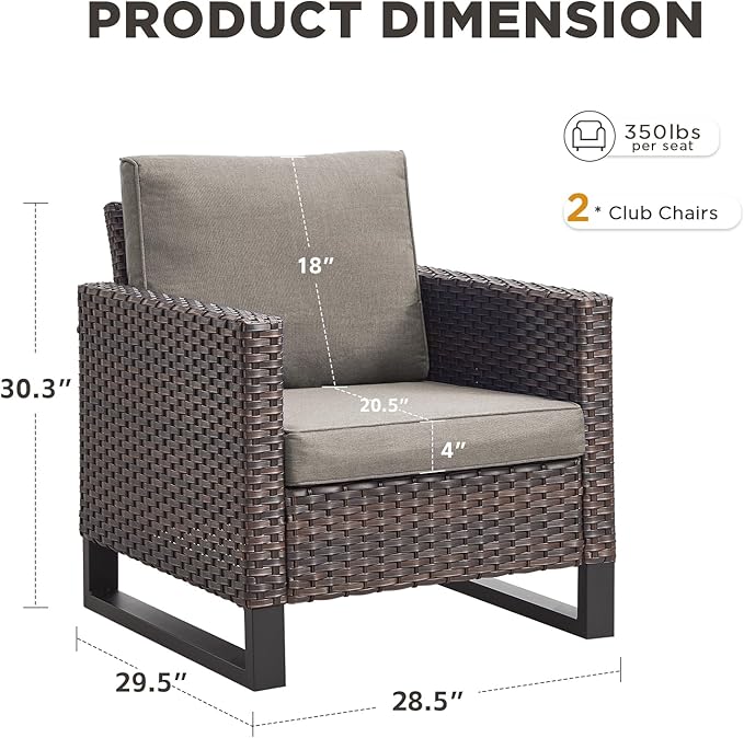 Wicker Outdoor Patio Chairs Set of 2-High Back Rattan Patio Club Chairs with Thickened Cushions Wide Armrest All Weather Patio Furniture Set for Deck Porch Balcony(Brown/Grey)
