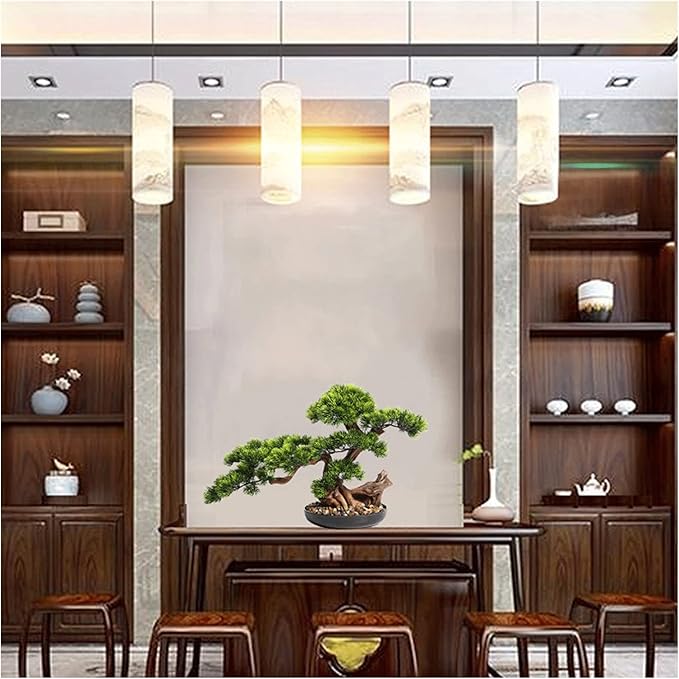 Artificial Bonsai Tree 17 Inches Artificial Bonsai Pine Tree，Realistic Fake Plant Decoration, Potted Artificial House Plants, for Desktop Display