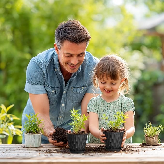 5 inch Plant Pots for Indoor Outdoor Plants, 6 Pack Thick Nursery Pots with Drainage Holes and Saucers, 3D Modern Wave Texture Small Plastic Planter Flower Pots for Succulent, Herb, Black