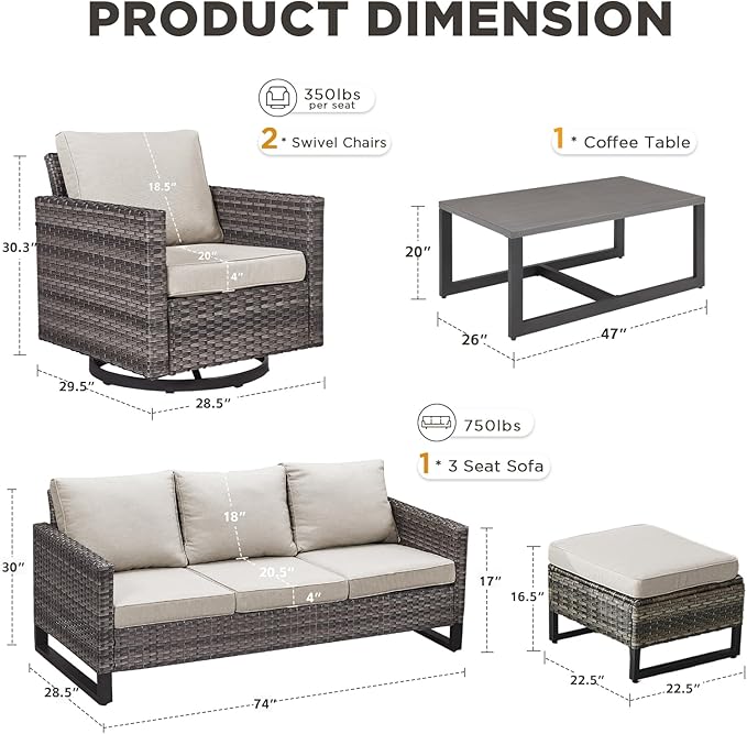 6 Pieces Patio Furniture Set-All Weather Outdoor Swivel Rocker Patio Chairs with 3-Seat Section Couch and Rattan Coffee Table Outdoor Conversation Sets for Garden Backyard Deck(Grey/Beige)