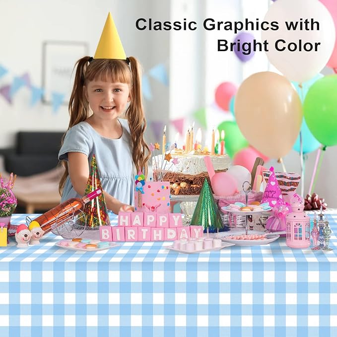 2 Pack Blue and White Checkered Tablecloth, Blue Plastic Table Cloths for Parties Disposable, 54 x 108 inch Waterproof Blue Gingham Camping Tablecloth for Birthday, Party, Picnic, School