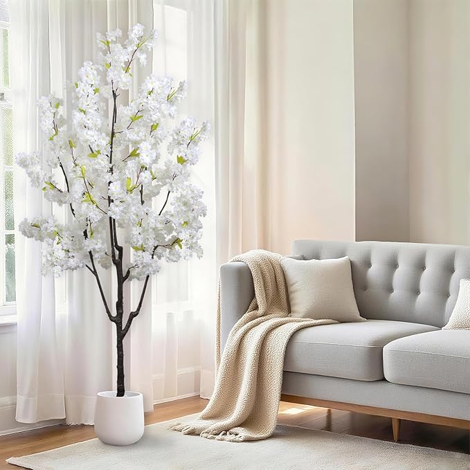 Faux White Cherry Blossom 6ft(72in) Artificial Floor Green Plant for Indoor Decor Natural Potted Tree with Texture Flowers Realistic Wood Trunk for Home Living Room,Office Perfect Housewarming Gift