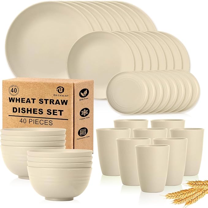 40 PCS Wheat Straw Dishes Sets | Reusable Dinnerware Set for 8 - Dinner Plates, Cereal Bowls, Drinking Glasses Unbreakable Plastic Plates and Bowls Sets Microwave Safe for Kitchen - Beige