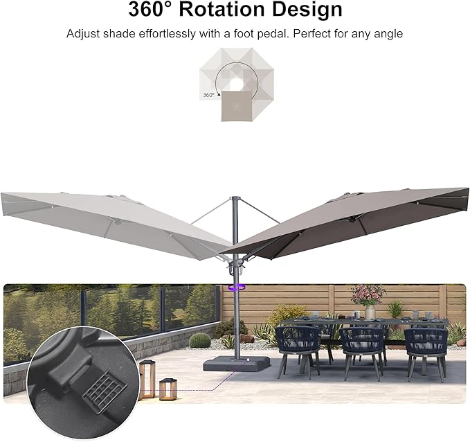 PURPLE LEAF 11' X 8' Swivel Outdoor Patio Aluminum Umbrella with Base Left-right Tilting Cantilever Offset Umbrella with UV Resistant Heavy Duty Fabric for Deck Pool Patio Backyard, Ash Mocha