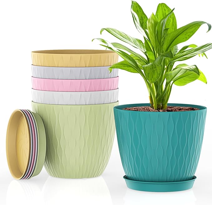 6 Inch Plant Pots, 6 Pack Flower Pots for Indoor and Outdoor Use, Planters with Drainage Holes and Saucers, Colorful