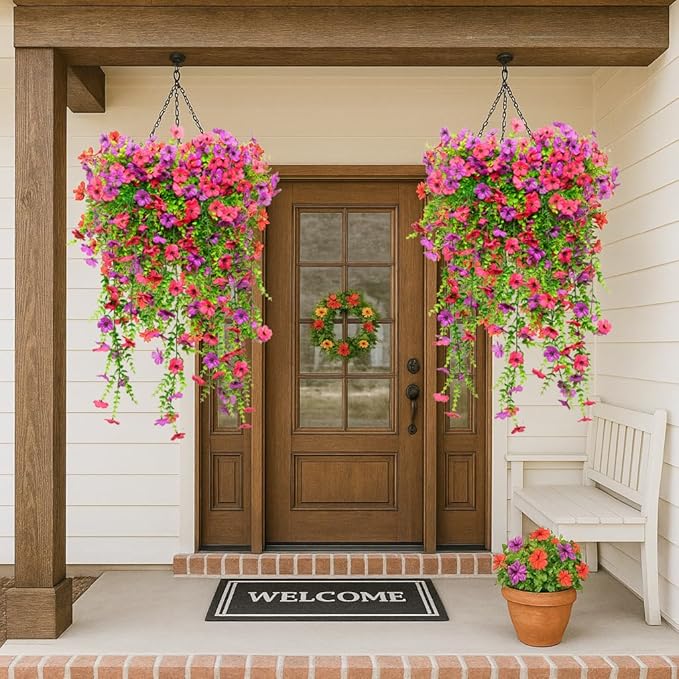 8PCS Artificial Hanging Flowers for Outdoors,Hanging Outdoor Faux Plants,UV Resistant Fake Flowers for Outdoor Planters,Realistic Fake Plants Spring Decor for Porch,Patio,Yard (RedPurple)