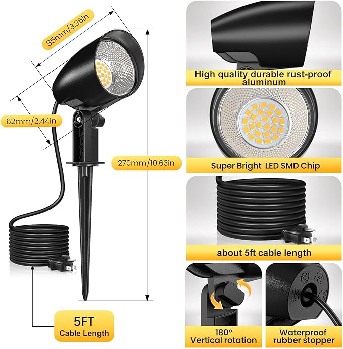 20W Outdoor LED Landscape Lighting Spot Lights Outdoor 1880LM IP66 Waterproof Landscape Lights for Pathway Patio Yard Lawn Decorative 120V US 3-Plug 2 Packs