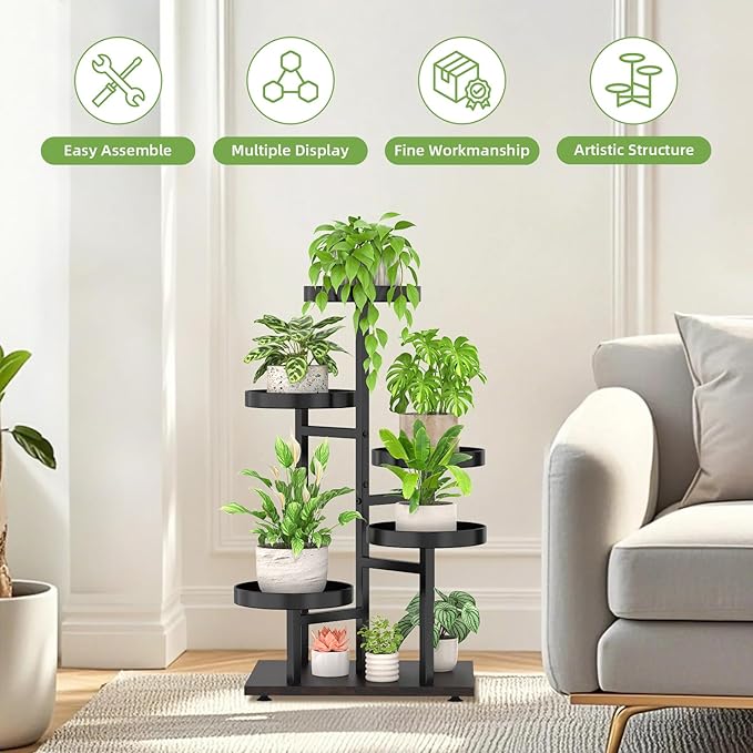 iDavosic.ly 5 Tier Plant Stand Indoor, Tiered Corner Flower Holder Shelf Outdoor, Metal Tall Orchid Display Rack for Patio Porch Garden Balcony Office Bedroom, Black Walnut