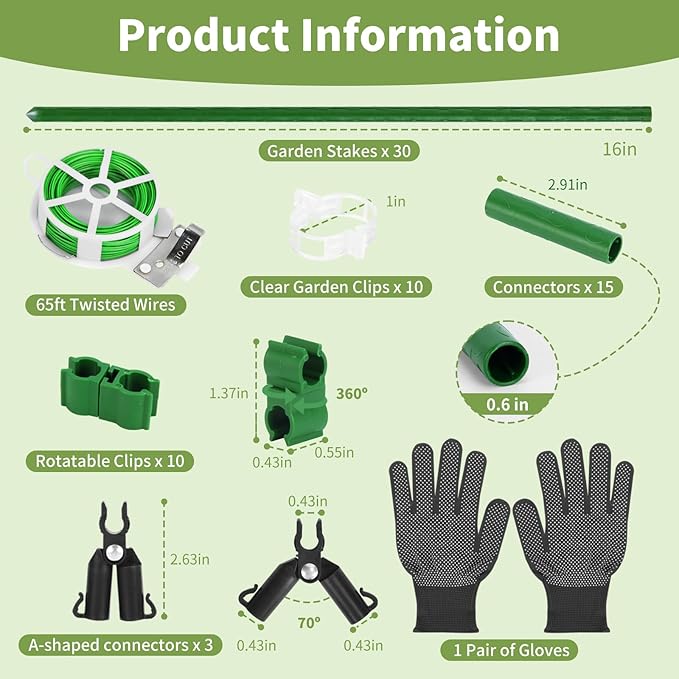 90pcs Garden Stakes Set, 16 Inches Plastic Coated Metal Plant Sticks Stakes Supports, DIY 4ft 5ft 6ft 7ft 8ft Tomato Stakes for Growing Climbing Tomato Vegetables Flowers Pepper, Versatile Ues