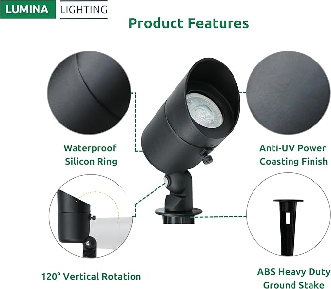 Lumina Lighting® 4W Landscape Lighting 12V Landscape Lights Low Voltage Landscape Spotlights Warm White Waterproof Outdoor Replaceable LED Bulb for Garden, Lawn, Porch, Patio and Yard(Black, 2-Pack)