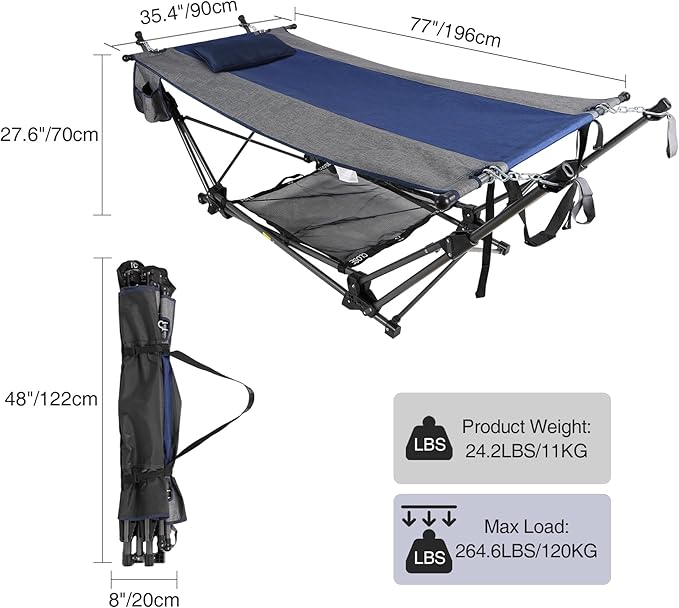 RedSwing Portable Folding Hammock with Stand,Foldable Camping Hammock with Removable Pillow,Storage Net,Foldable Lounge Camping Bed for Adults for Outdoor,Backyard,Beach,Garden,Lawn