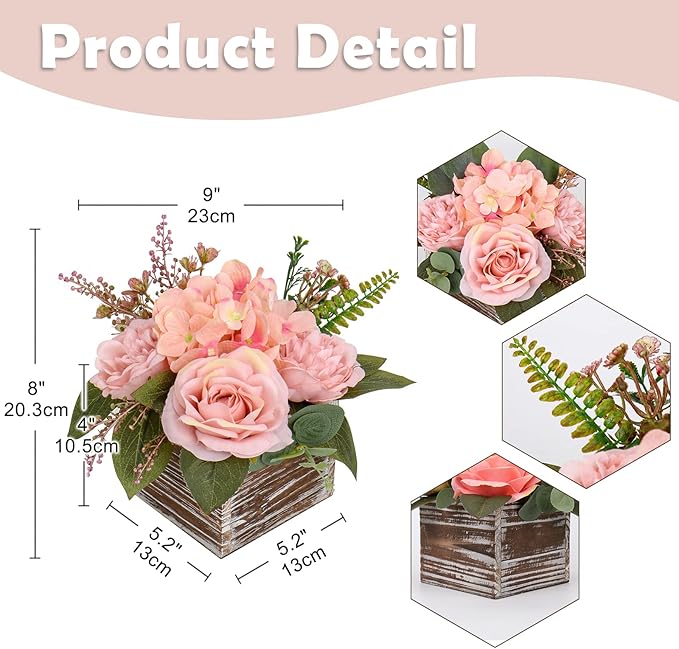DILATATA Flower Arrangement with Wooden Vase 8" Artificial Flowers in Pot - Fake Flowers Roses Peonies Hydrangeas in Wooden Vase Potted Flower Centerpieces for Table Decor Living Room - Dusty Pink