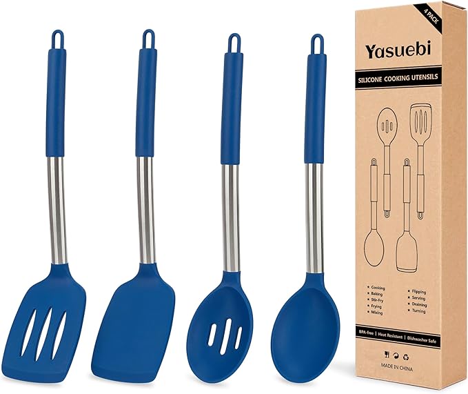 Kitchen Utensils Set of 4 Pack,Silicone Cooking Utensils Set for Nonstick Cookware,Perfect for Baking and Mixing,Spatula Set BPA Free,Dishwasher Safe,Blue