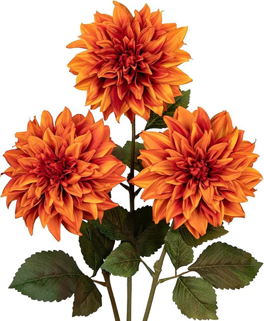 3Pcs Orange Artificial Dahlia Flowers Fall Fake Flower Silk Flowers with Long Stem 27.5" Floral Arrangements Bouquets Autumn Faux Dahlias Flowers for DIY Wedding Party Centerpieces Home Decor