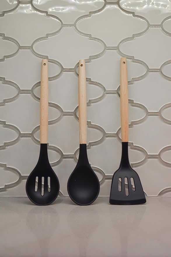 Kitchen Utensils Cookware Set, 12-piece BPA free Silicone with Wood Handle and Storage Container