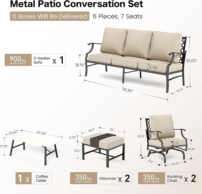 Patio Furniture Set, Modern Metal Outdoor Patio Furniture, 3 Seater Sofa, 2 Rocking Chairs, 2 Ottomans, Coffee Table and 5.75" Extra Thick Cushion, Patio Conversation Set for Backyard