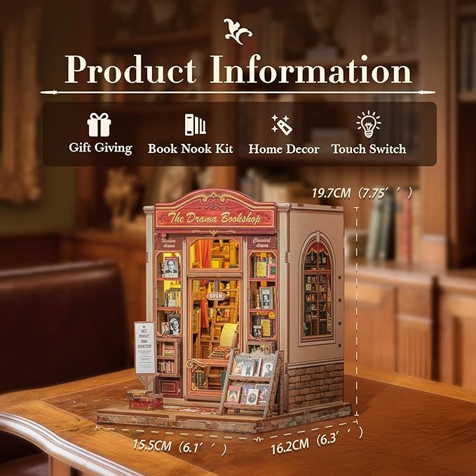 Fsolis Book Nook Kit, DIY Miniature Scene Kit for Adults and Beginners 3D Wood Puzzles Tiny House Room Kit Mini Craft Bookshelf Decor Gifts for Women Teenagers Book Lovers (The Drama Bookshop)