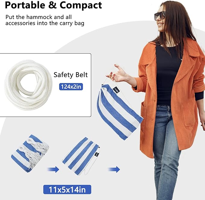 Double Hammock Brazilian Hammocks with Portable Carrying Bag,Soft Cotton Fabric, Up to 450 Lbs Hanging for Patio,Trees,Garden,Backyard,Porch,Outdoor and Indoor XXX-Large Stripe (Blue-White)