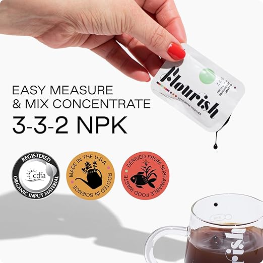 10 Individual Single Use Packets - Flourish Plant Organic All-Purpose Fast Acting Plant Food 3-3-2 Fertilizer for Indoor Plants - CDFA Certified, 0.078 fl oz, (2 Packs of 5 Single Servings) USA Made