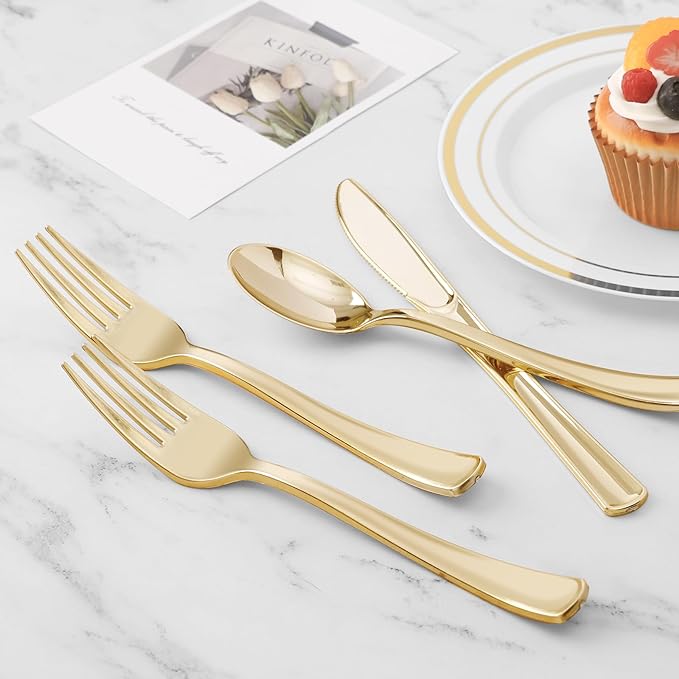 BESTVIP 400PCS Gold Plastic Silverware, Gold Disposable Utensils, Heavy Duty Cutlery Set of 200 Forks, 100 Spoons, 100 Knives for Christmas, Parties, Weddings, Catering and Daily Use