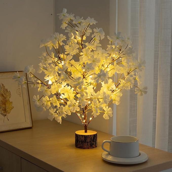 Lighted Cherry Blossom Tree Artificial, 19 Inch Faux Bonsai Tree Japanese Decor, Battery Operated Floral Desktop Tree for Indoor Home Spring Summer Easter,White