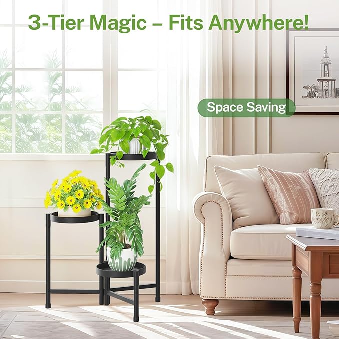 iDavosic.ly Plant Stand Indoor Outdoor, 3 Tier Corner Metal Flower Display Holder Shelf, Folding Tall Orchid Rack for Patio Balcony Porch Garden Living Room House, Black