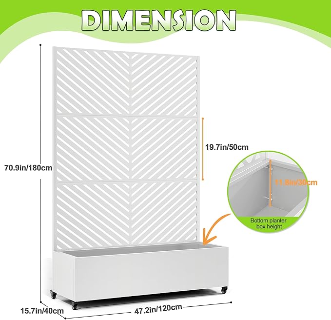 15.7"×70.9"×47.2" Metal Raised Garden Bed with Trellis and Wheels - Tall Trellis Planter Box for Climbing Plants, Vegetables & Vines - Outdoor Privacy Planters for Patio (White-Parallel)