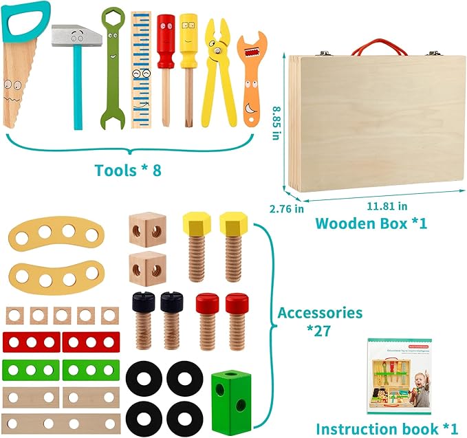 Kids Tool Set Wooden Toddler Play Tools Set with Tool Box, Montessori Educational Learning Toys STEM Construction Building Toy for 3 4 5 6 7 8 Years Old Kids Birthday Gifts for Boys and Girls
