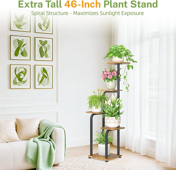 iDavosic.ly Tall Plant Stand Indoor, 4 Tier Corner Multiple Flower Holder Shelf with Wooden Trays, Space Saving Display Rack for Living Room Balcony Patio Porch Outdoor | Black & Brown