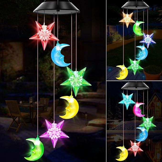 Solar Wind Chimes Outdoor Color Changing Lights, Gift for Women Mom Grandma Sister Best Gifts, Wind Chimes Unique Outdoor Garden Yard Decor (Star and Moon)