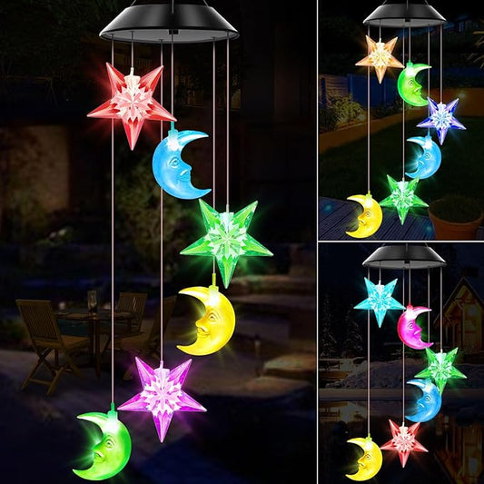 Solar Wind Chimes Outdoor Color Changing Lights, Gift for Women Mom Grandma Sister Best Gifts, Wind Chimes Unique Outdoor Garden Yard Decor (Star and Moon)