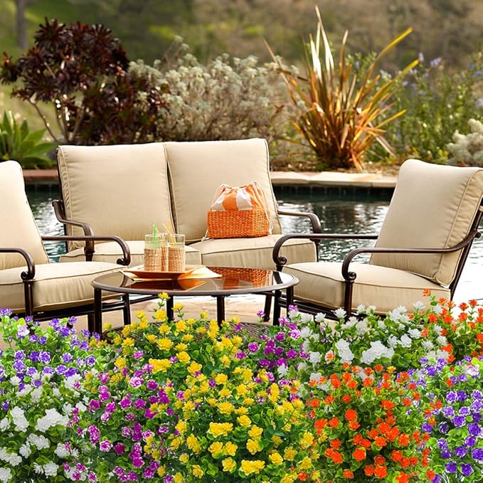 10 Bundles Artificial Fake Flowers, Faux Outdoor Plastic Plants UV Resistant Shrubs Outside Indoor Decorations (White-Eucalyptus)