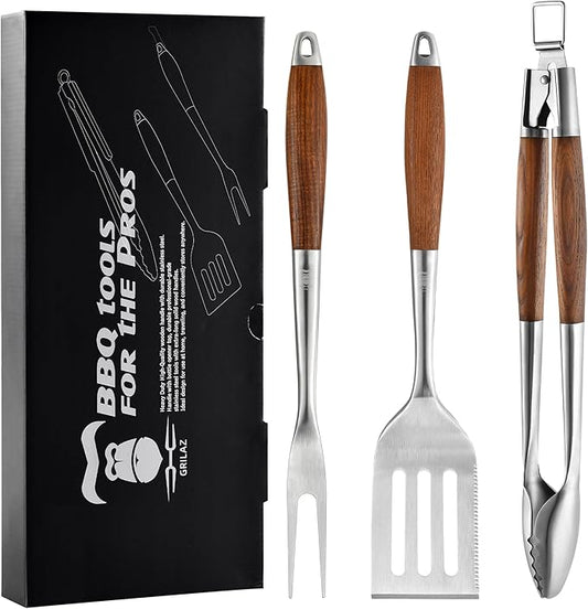 Heavy-Duty Heat-Treated Ash Wood BBQ Grilling Tools Set | Extra-Thick Stainless Steel Spatula, Fork & Tongs | Essential Barbecue Accessories, for Grill Enthusiasts