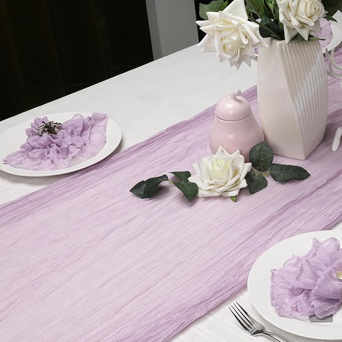 Le courant 10Ft Cheesecloth Table Runner, Rustic Boho Gauze Cheese Cloth Runner Table Runner for Weddings Bridal Baby Shower Birthday Holiday Parties Home Decor, Lilac