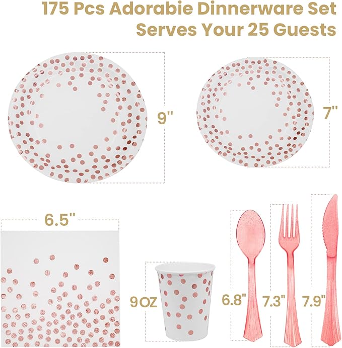 AIRE 175Pcs White Rose Gold Paper Plates Dinnerware Sets for 25 Guests, Party Supplies Disposable Paper Party Plates Napkins Cups Plastic Forks Knives Spoons For Birthday Baby Shower Wedding New Year