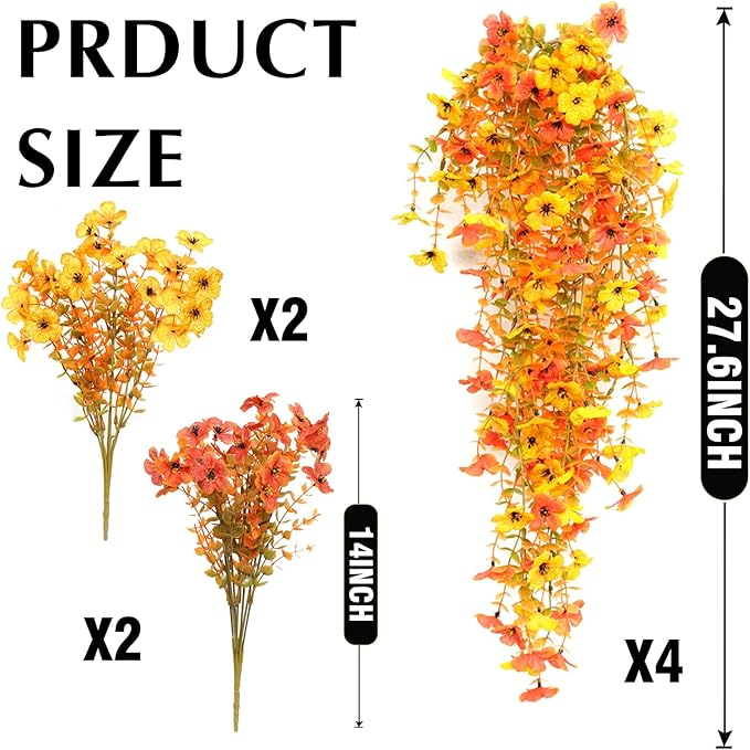 8PCS Hanging Fake Mums for Fall Decor,UV Resistant Artificial Flowers,Faux Mums for Outdoor Planters,Fall Flowers Artificial Decorations for Porch, Patio (OrangeYellow)