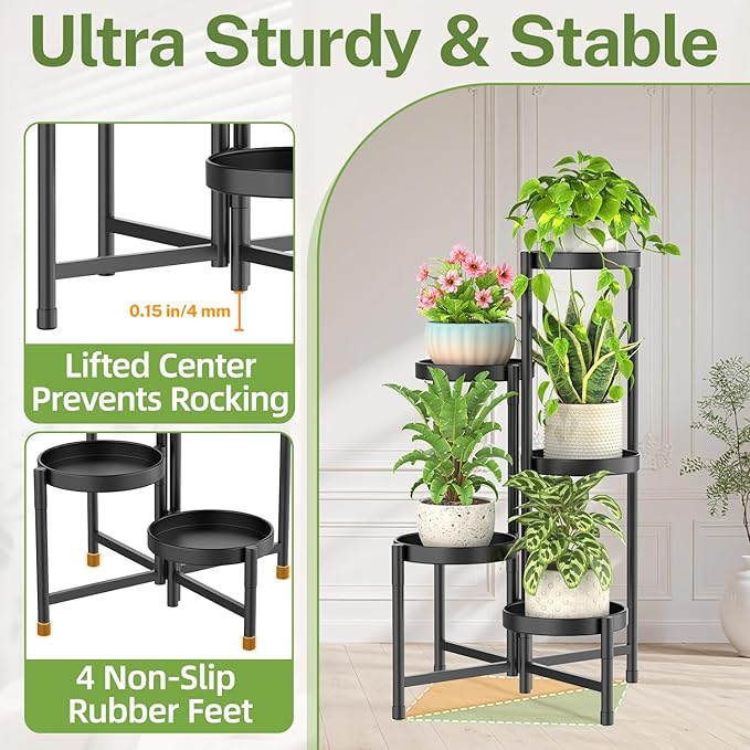 iDavosic.ly Plant Stand Indoor Outdoor, 5 Tier Corner Metal Flower Display Holder Shelf, Folding Tall Orchid Rack for Patio Balcony Porch Garden Living Room House, Black