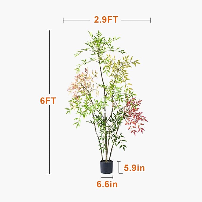 6ft Faux Bamboo Tree Artificial Nandina Tree Artificial Indoor Plants Realistic Fake Potted Tree with 800+ Leaves, Cement Planter - Home Office Decor Perfect for Housewarming Gift Non-Toxic