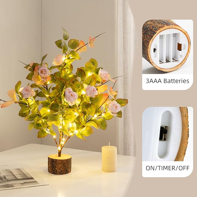 19 Inch Artificial Rose Tree Lights, Faux Silk Flower Tree with Butterfly Ivy, Prelit Tabletop Tree with Timer for Living Room Home Indoor Outdoor Decor (Pink Green)