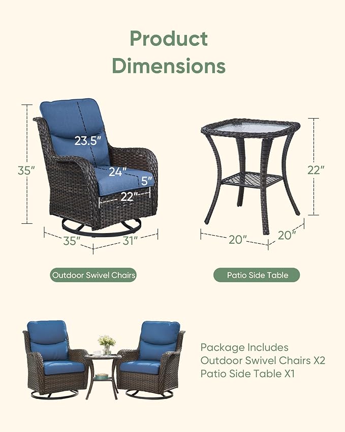 HUMMUH High Back Outdoor Swivel Rocker Patio Chairs Set of 2, with 5-Inch Thick Cushions and Side Table, Ideal for Porch,Poolside, Deck, and Yard