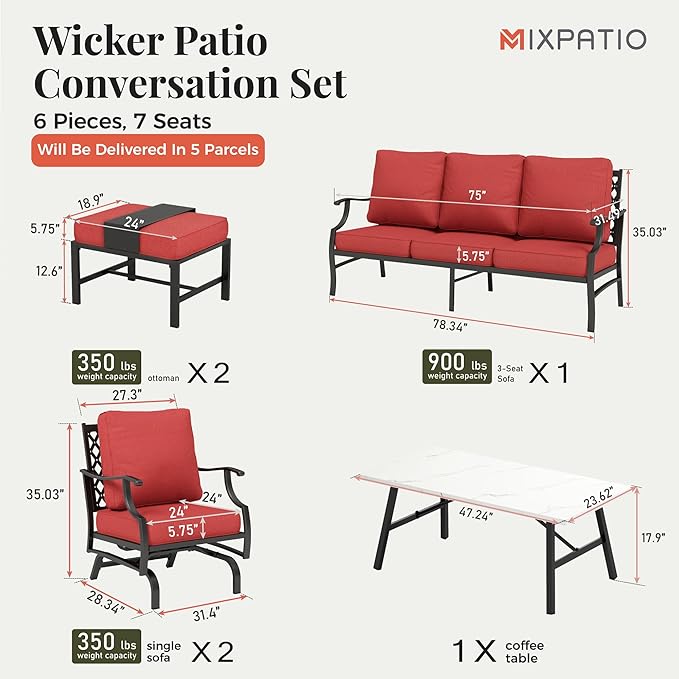 Patio Furniture Set 6 pcs, Outdoor Patio Furniture, 3-Seat Sofa, 2 Rocking Chairs, 2 Ottomans, Coffee Table and 5.75" Extra Thick Cushion, Conversation Set for Backyard Deck, Red